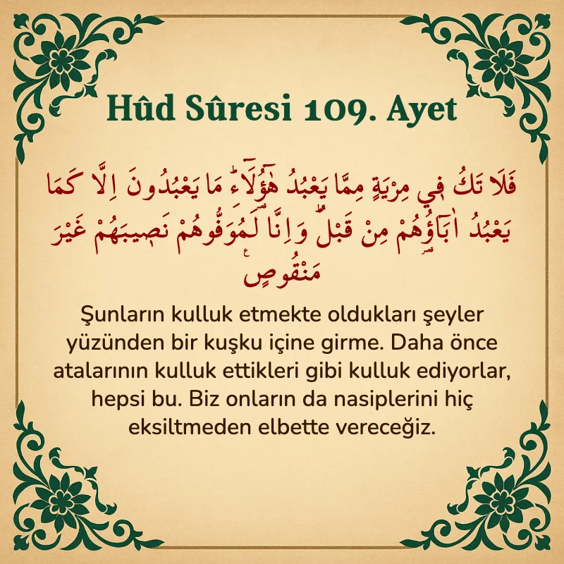 Hûd Sûresi 109. Ayet Arapça ve Türkçe meali