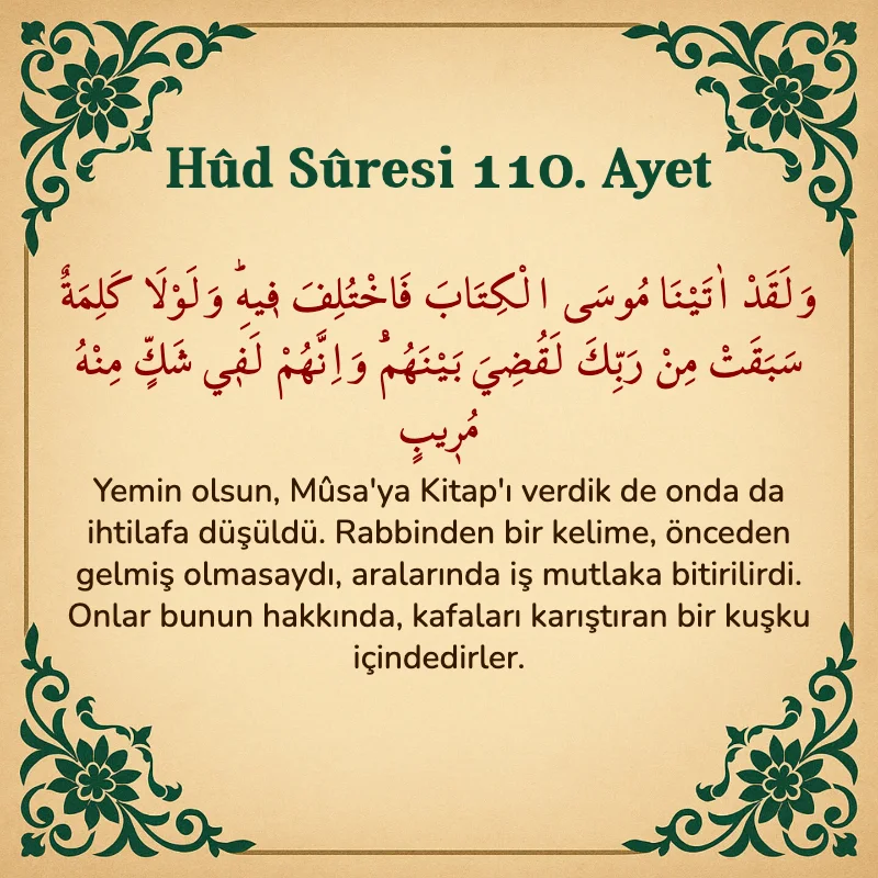 Hûd Sûresi 110. Ayet Arapça ve Türkçe meali