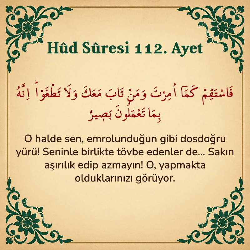 Hûd Sûresi 112. Ayet Arapça ve Türkçe meali
