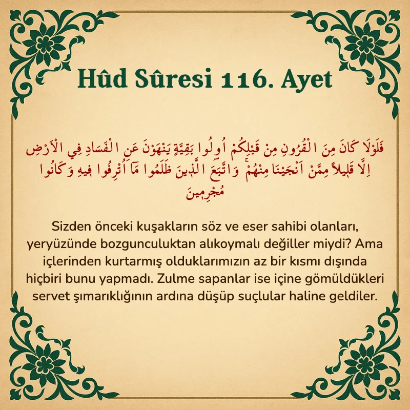 Hûd Sûresi 116. Ayet Arapça ve Türkçe meali
