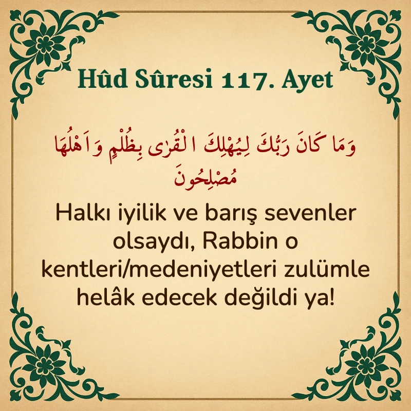 Hûd Sûresi 117. Ayet Arapça ve Türkçe meali