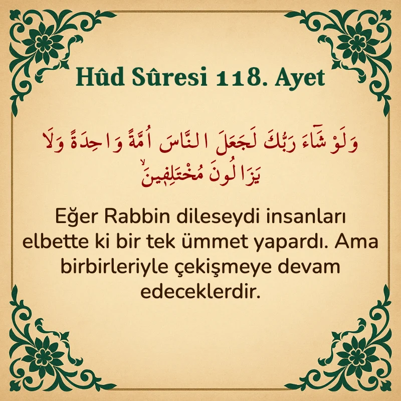 Hûd Sûresi 118. Ayet Arapça ve Türkçe meali