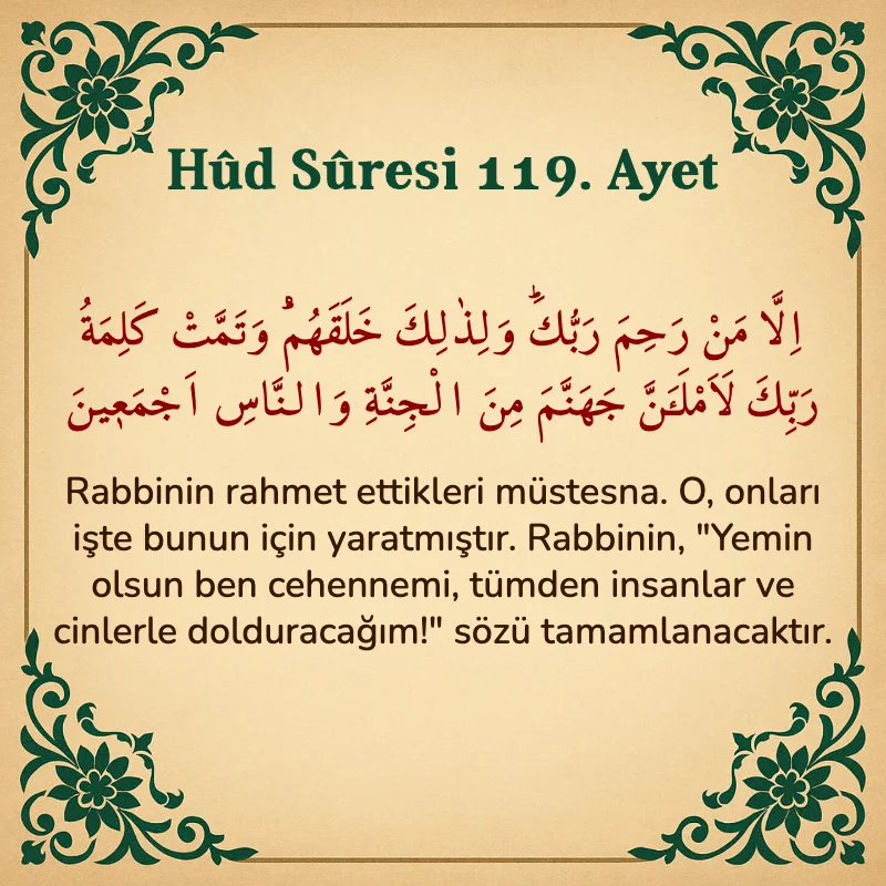 Hûd Sûresi 119. Ayet Arapça ve Türkçe meali