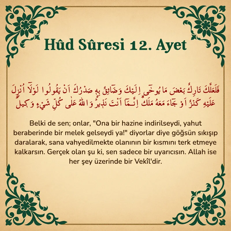 Hûd Sûresi 12. Ayet Arapça ve Türkçe meali