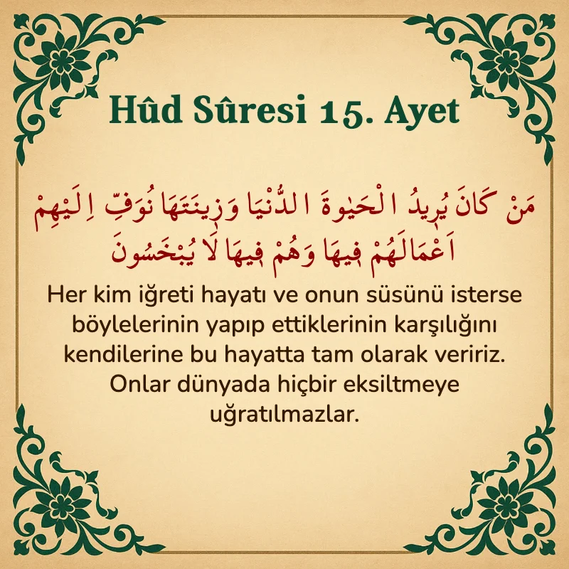 Hûd Sûresi 15. Ayet Arapça ve Türkçe meali