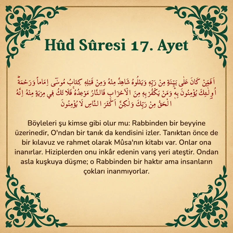 Hûd Sûresi 17. Ayet Arapça ve Türkçe meali
