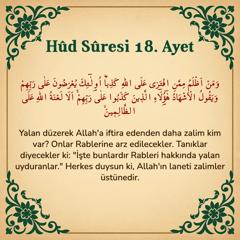 Hûd Sûresi 18. Ayet Arapça ve Türkçe meali