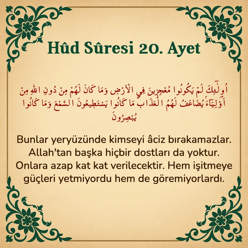 Hûd Sûresi 20. Ayet Arapça ve Türkçe meali