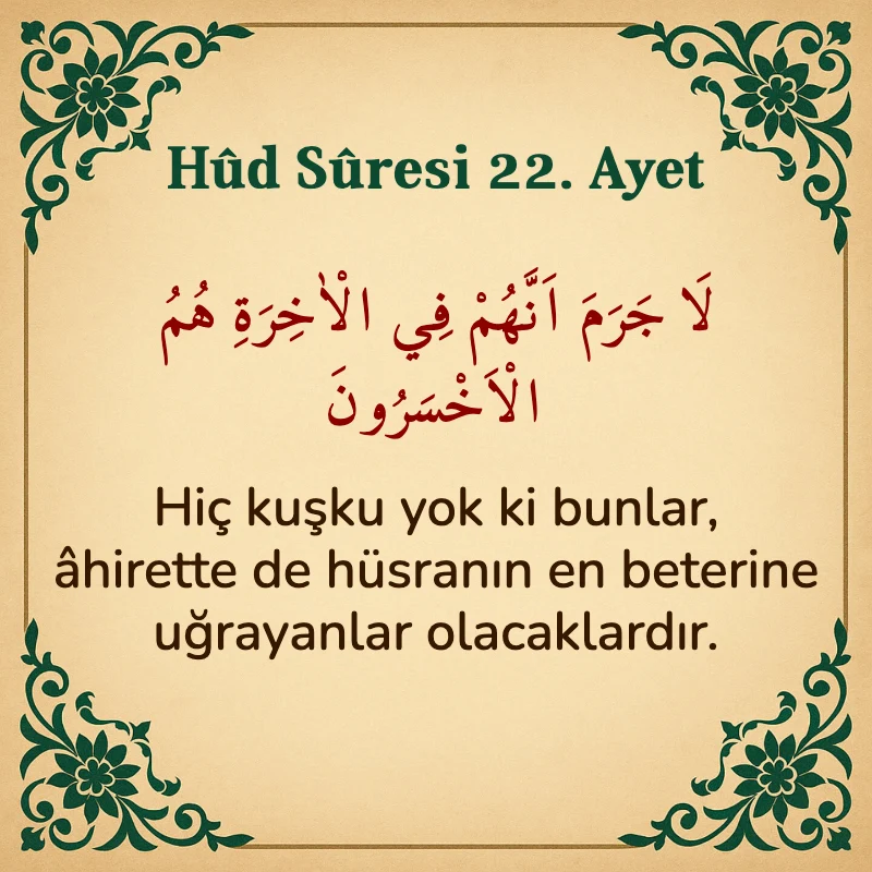 Hûd Sûresi 22. Ayet Arapça ve Türkçe meali