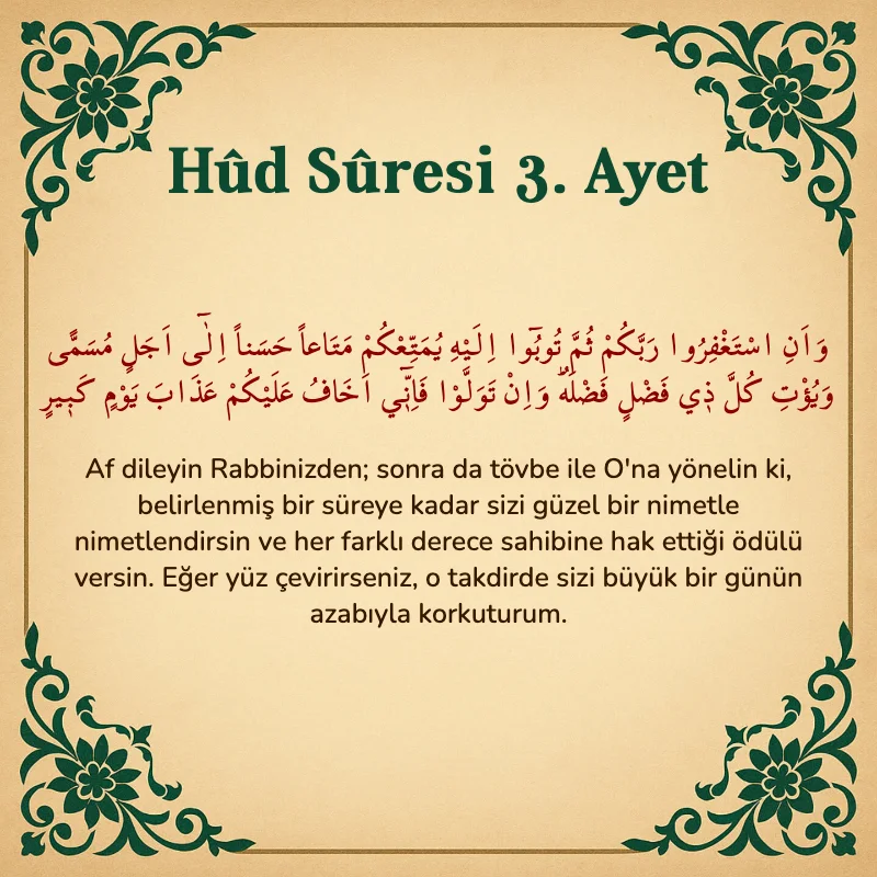 Hûd Sûresi 3. Ayet Arapça ve Türkçe meali