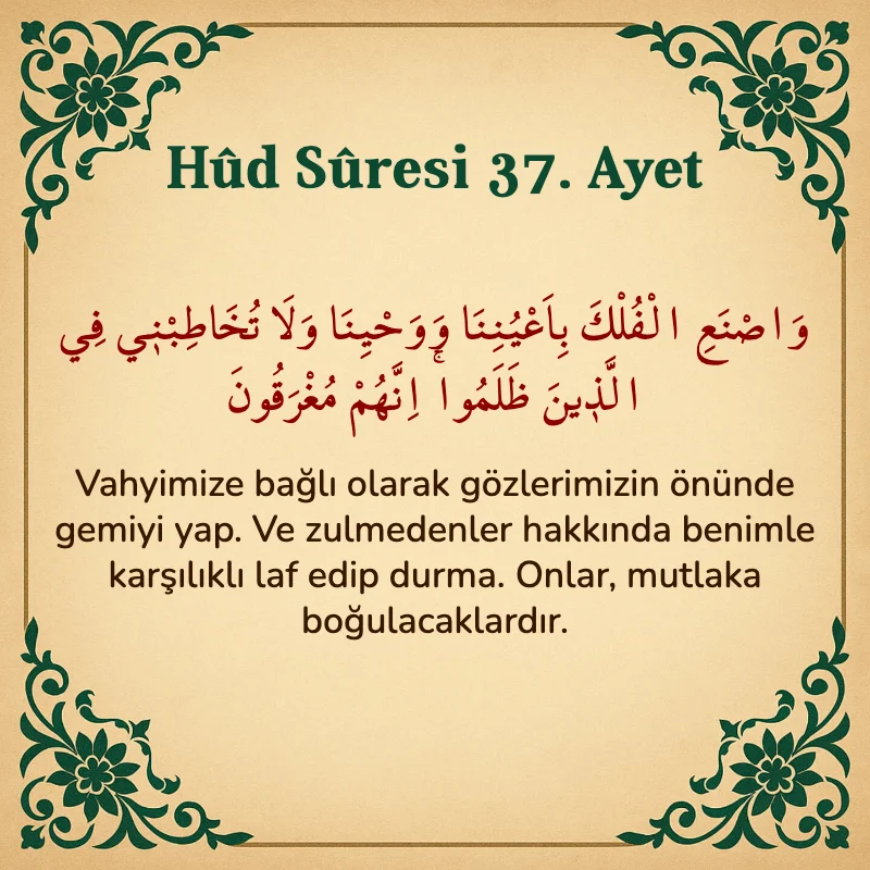 Hûd Sûresi 37. Ayet Arapça ve Türkçe meali