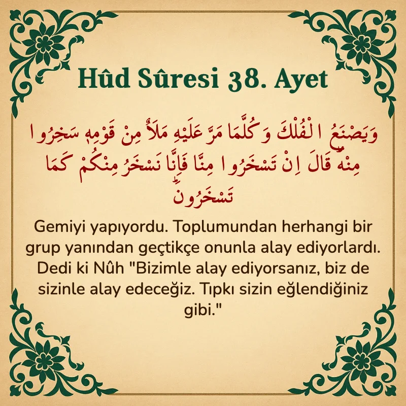 Hûd Sûresi 38. Ayet Arapça ve Türkçe meali