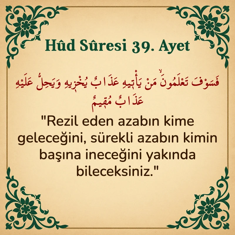 Hûd Sûresi 39. Ayet Arapça ve Türkçe meali