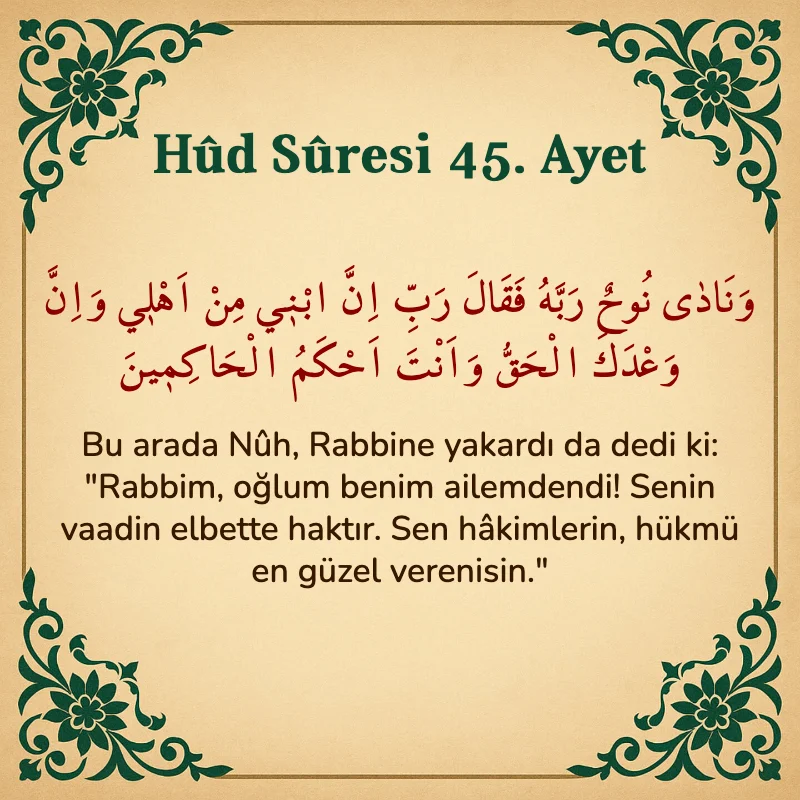 Hûd Sûresi 45. Ayet Arapça ve Türkçe meali
