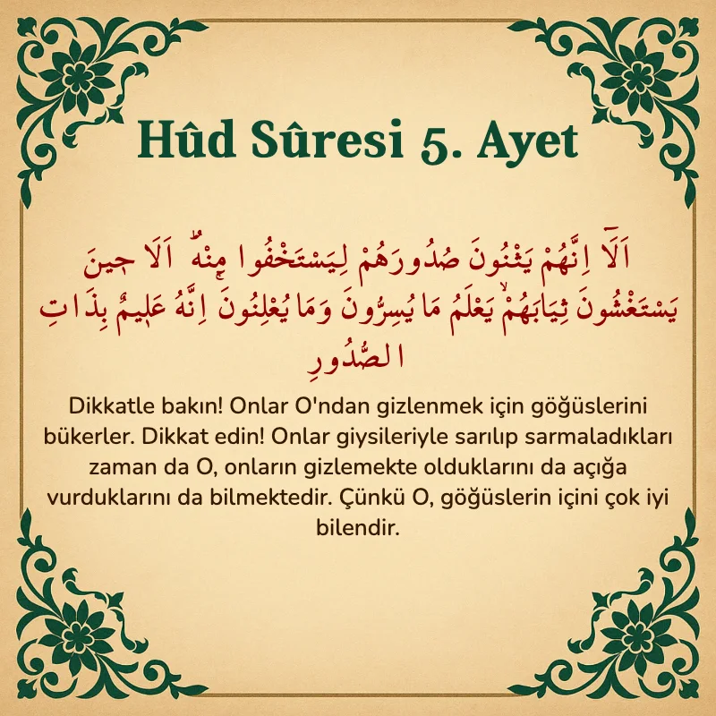 Hûd Sûresi 5. Ayet Arapça ve Türkçe meali