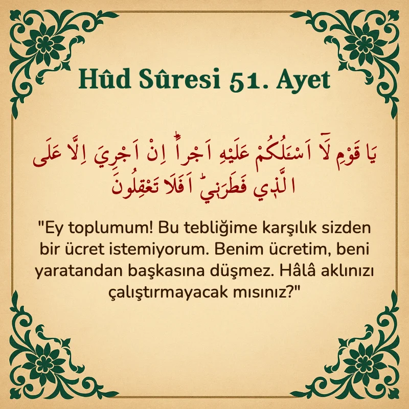 Hûd Sûresi 51. Ayet Arapça ve Türkçe meali