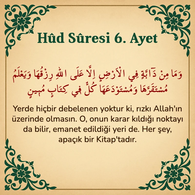 Hûd Sûresi 6. Ayet Arapça ve Türkçe meali