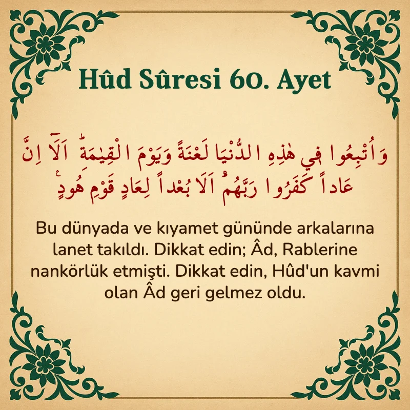 Hûd Sûresi 60. Ayet Arapça ve Türkçe meali