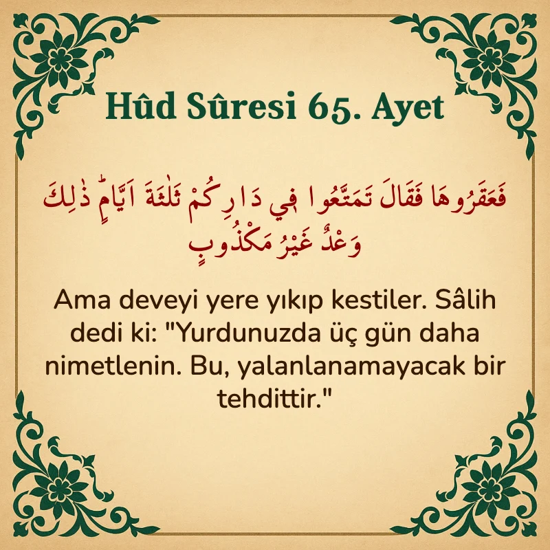 Hûd Sûresi 65. Ayet Arapça ve Türkçe meali