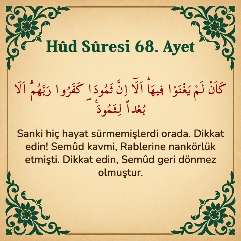 Hûd Sûresi 68. Ayet Arapça ve Türkçe meali