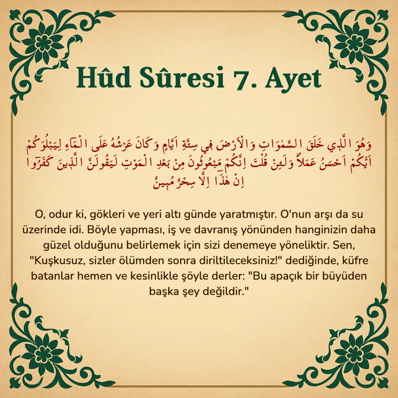 Hûd Sûresi 7. Ayet Arapça ve Türkçe meali