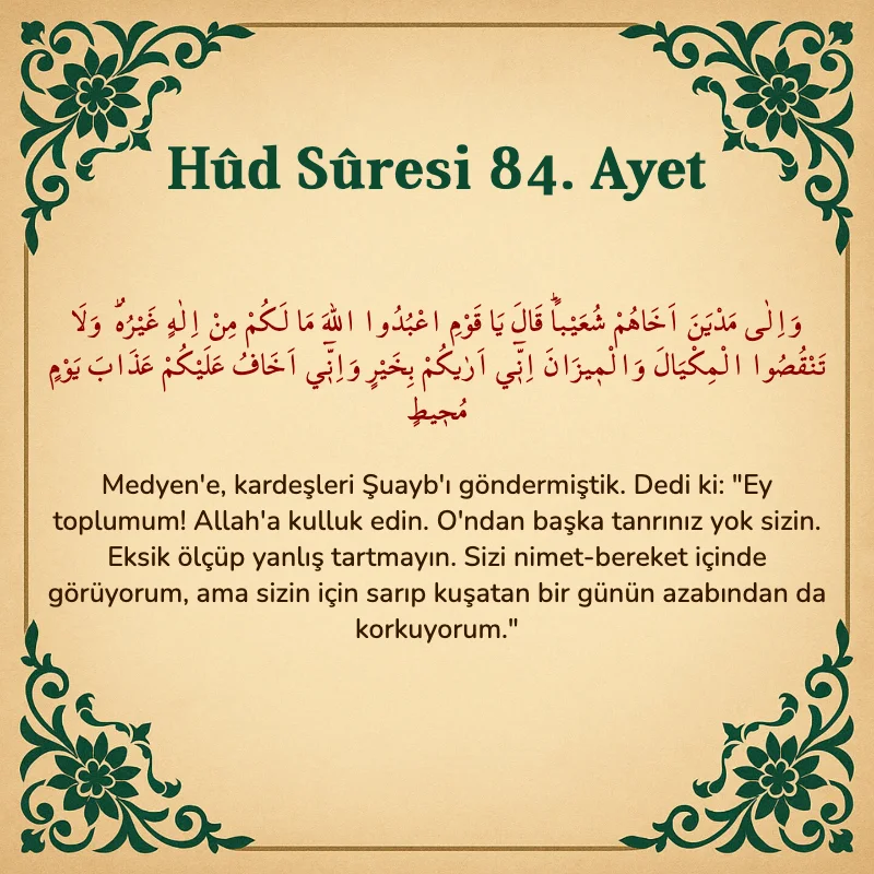 Hûd Sûresi 84. Ayet Arapça ve Türkçe meali