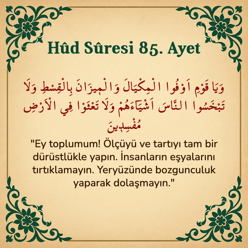 Hûd Sûresi 85. Ayet Arapça ve Türkçe meali