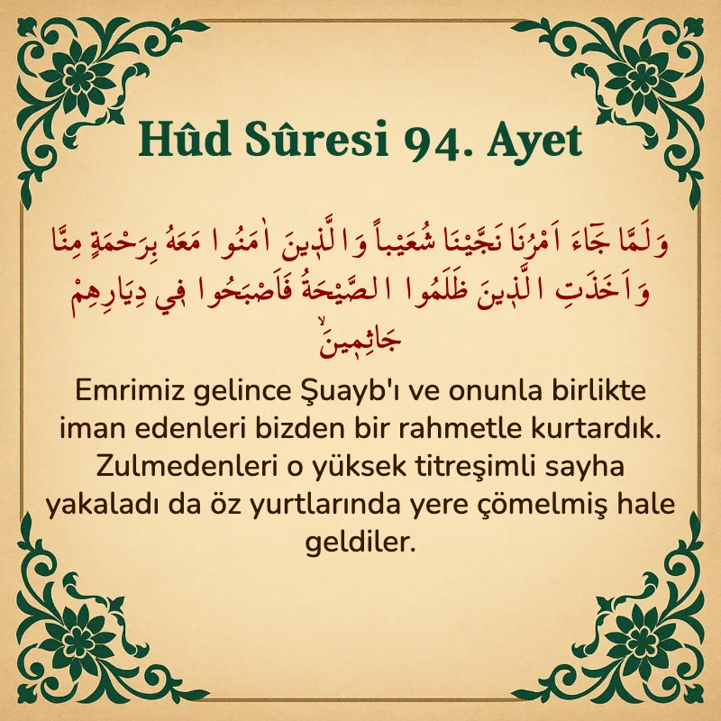 Hûd Sûresi 94. Ayet Arapça ve Türkçe meali