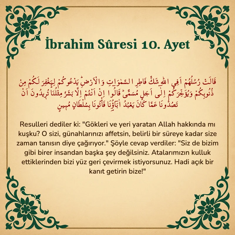 İbrahim Suresi 10. Ayet Arapça ve Türkçe meali