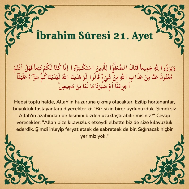 İbrahim Suresi 21. Ayet Arapça ve Türkçe meali