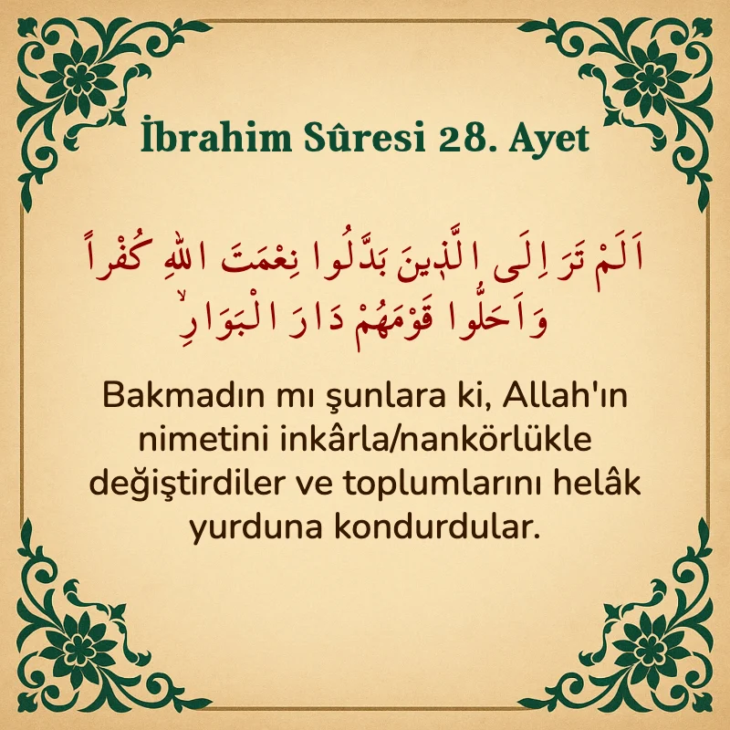 İbrahim Suresi 28. Ayet Arapça ve Türkçe meali