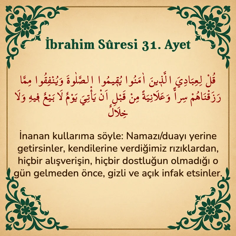 İbrahim Suresi 31. Ayet Arapça ve Türkçe meali