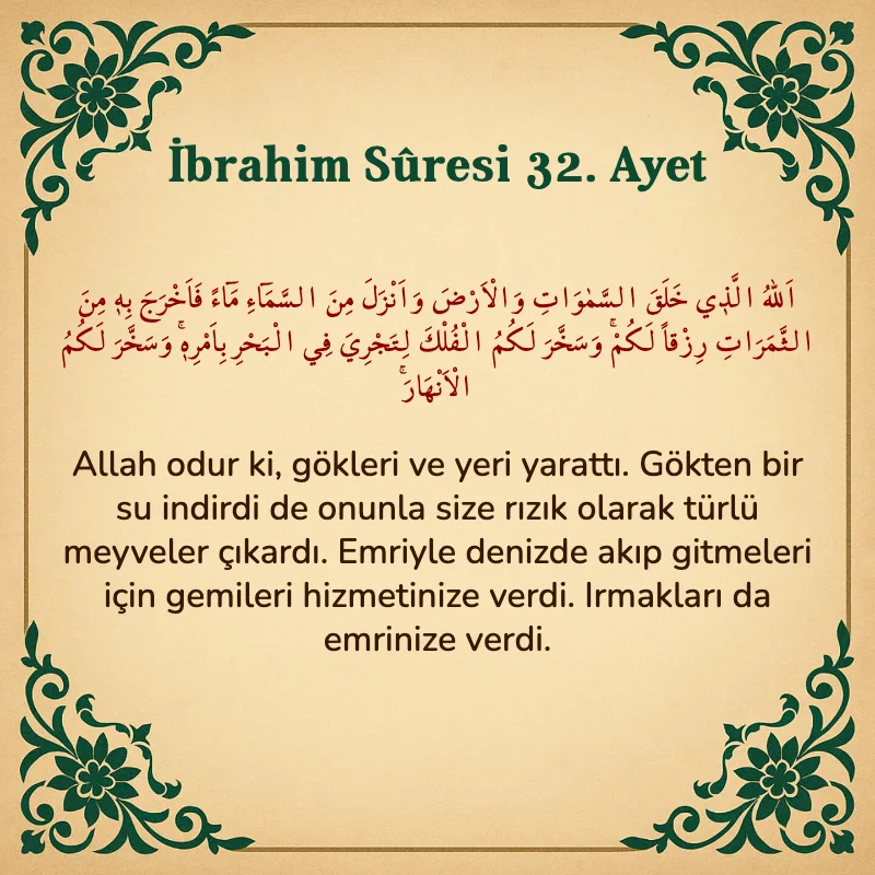İbrahim Suresi 32. Ayet Arapça ve Türkçe meali