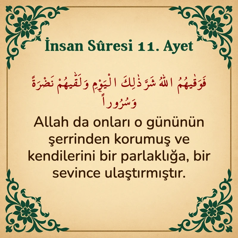 İnsan Suresi 11. Ayet Arapça ve Türkçe meali
