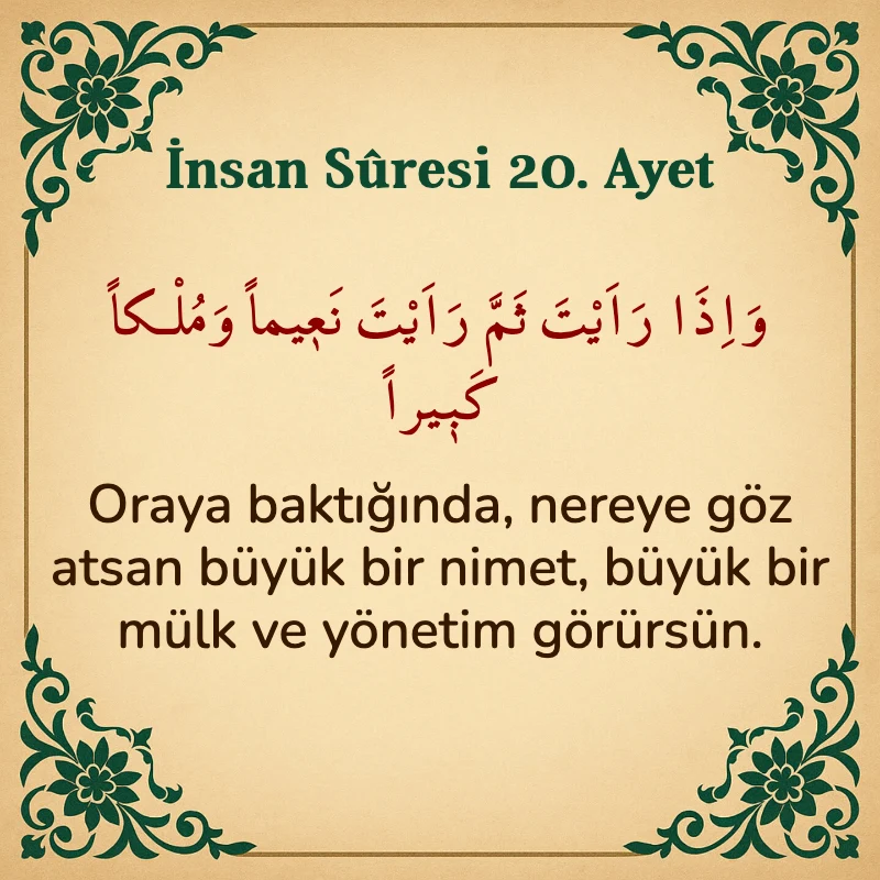 İnsan Suresi 20. Ayet Arapça ve Türkçe meali