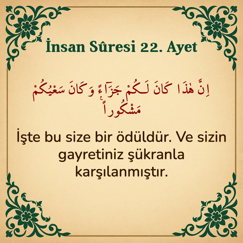 İnsan Suresi 22. Ayet Arapça ve Türkçe meali