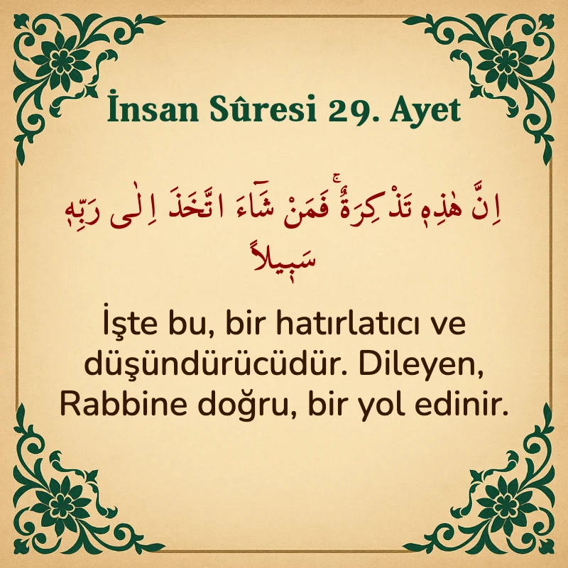 İnsan Suresi 29. Ayet Arapça ve Türkçe meali