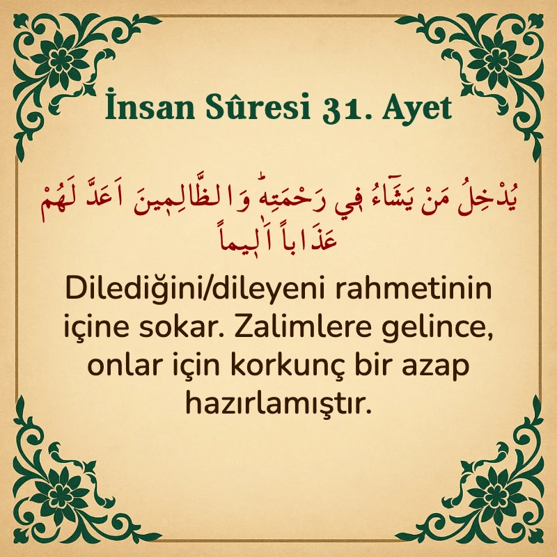 İnsan Suresi 31. Ayet Arapça ve Türkçe meali