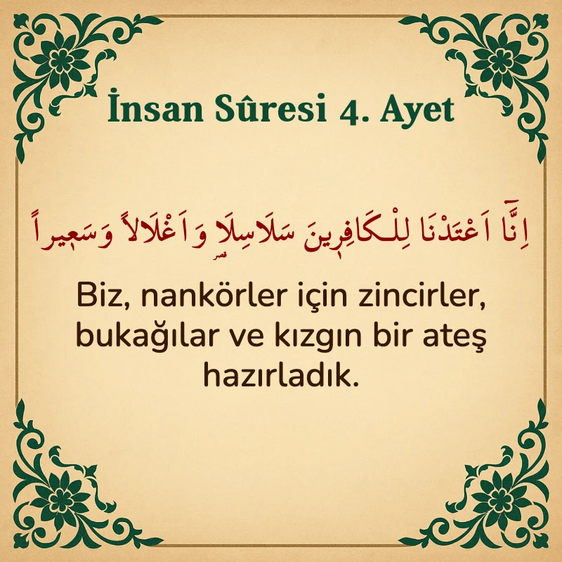 İnsan Suresi 4. Ayet Arapça ve Türkçe meali