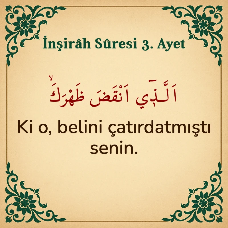 İnşirah Suresi 3. Ayet Arapça ve Türkçe meali