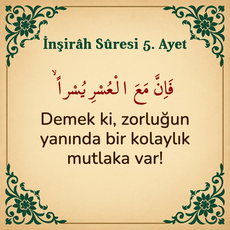 İnşirah Suresi 5. Ayet Arapça ve Türkçe meali