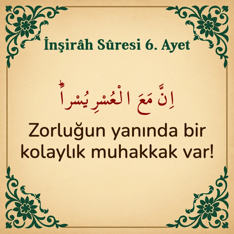 İnşirah Suresi 6. Ayet Arapça ve Türkçe meali