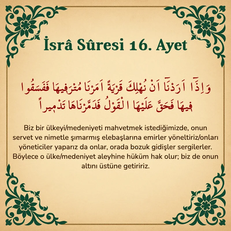 İsra Suresi 16. Ayet Arapça ve Türkçe meali