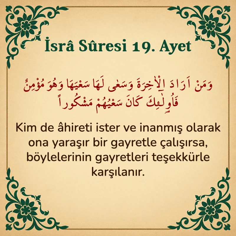 İsra Suresi 19. Ayet Arapça ve Türkçe meali