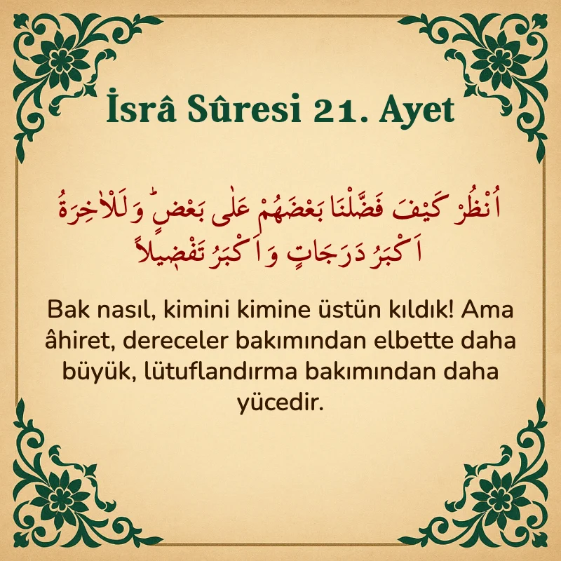 İsra Suresi 21. Ayet Arapça ve Türkçe meali