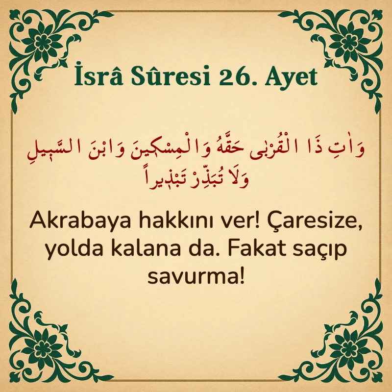 İsra Suresi 26. Ayet Arapça ve Türkçe meali