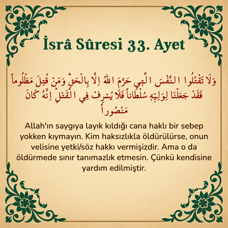 İsra Suresi 33. Ayet Arapça ve Türkçe meali