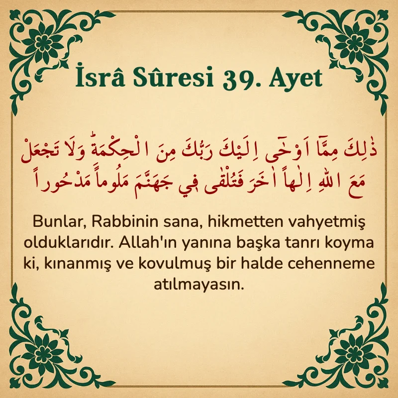 İsra Suresi 39. Ayet Arapça ve Türkçe meali