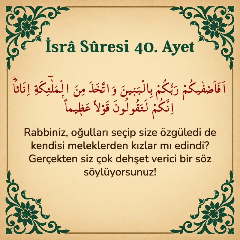 İsra Suresi 40. Ayet Arapça ve Türkçe meali