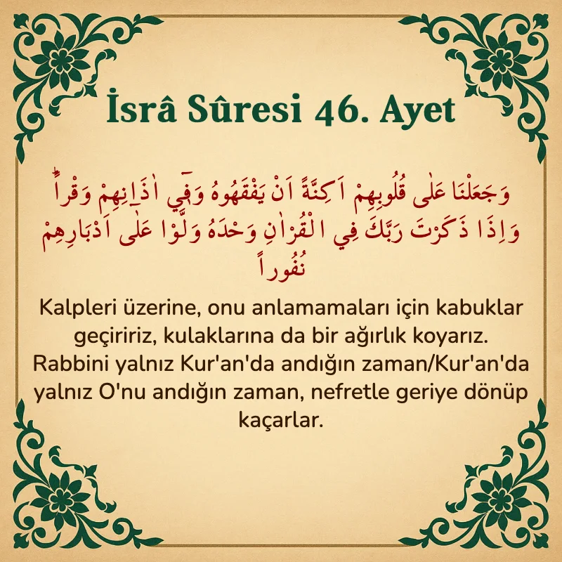 İsra Suresi 46. Ayet Arapça ve Türkçe meali